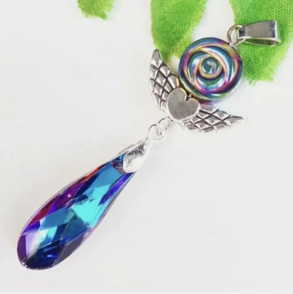 New Faceted Blue Titanium Crystal Teardrop Hematite Flower Pendant.